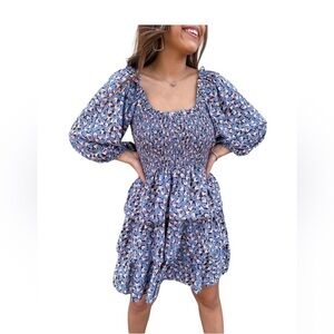 Entro floral blue, cream, brown dress Printed Smocked Ruffle Dress Size S